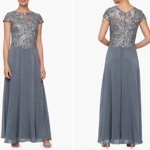 Alex Evenings Cap Sleeve Long Mock Dress in Charcoal